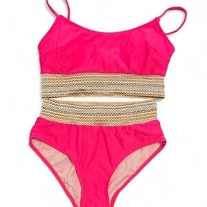 High Waisted Bikini Set Neon Pink Woven Trim Two Piece Swimsuit Women